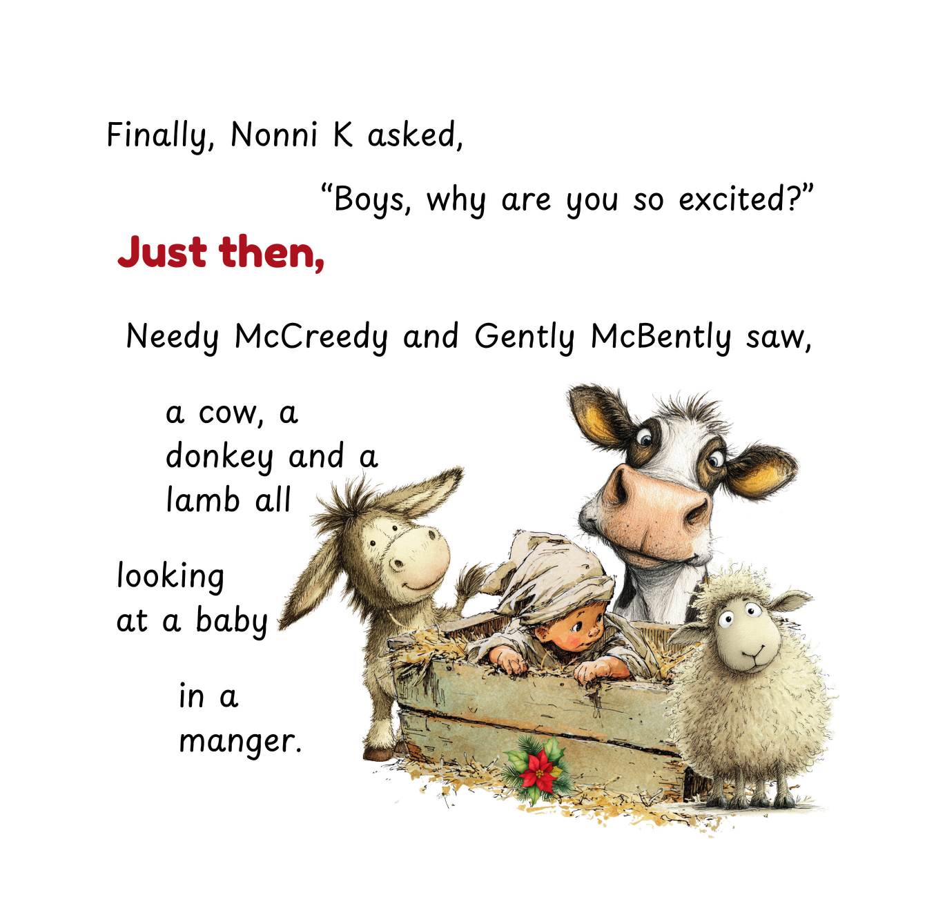 Illustration of a donkey, cow, and sheep with text about a baby in a manger - Christmas at Puddle Pot Pond - Childrens Book