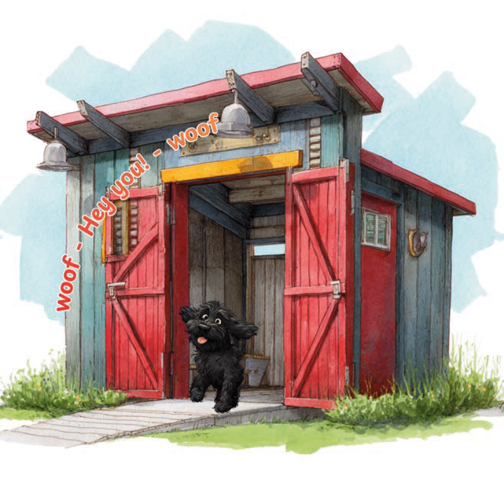 Gently McBently coming out of the red shed woofing at Wally the Roo