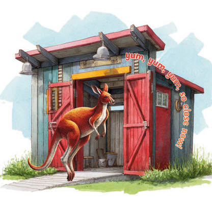 Illustration of a kangaroo exiting a colorful shed with text on a white background - Childrens Picture Book
