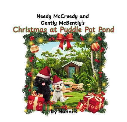Book cover of 'Christmas at Puddle Pot Pond' with two dogs wearing Santa hats and Christmas decorations.