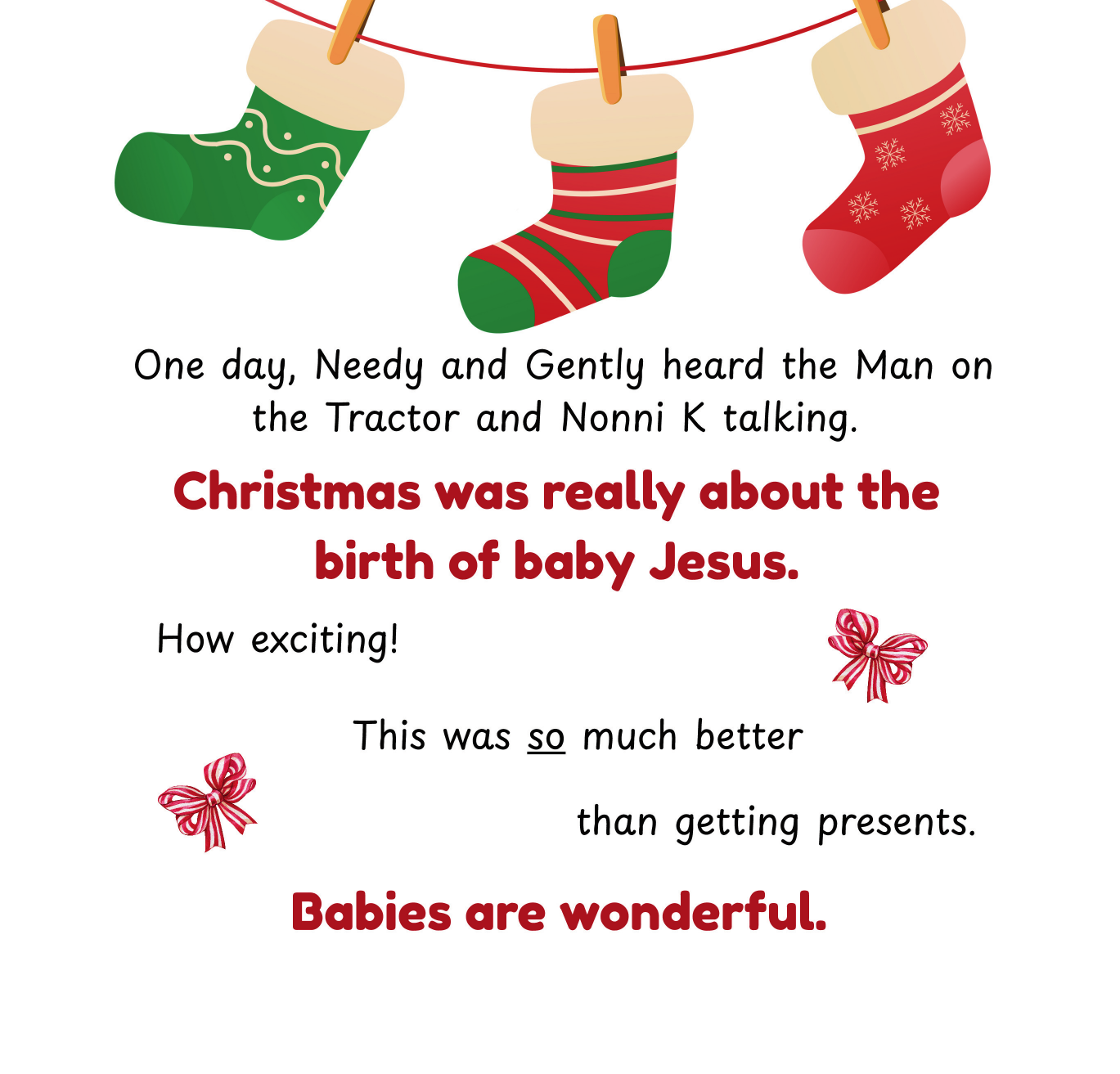 Text with Christmas stockings on a white background - Childrens Picture Book