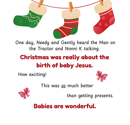 Text with Christmas stockings on a white background - Childrens Picture Book