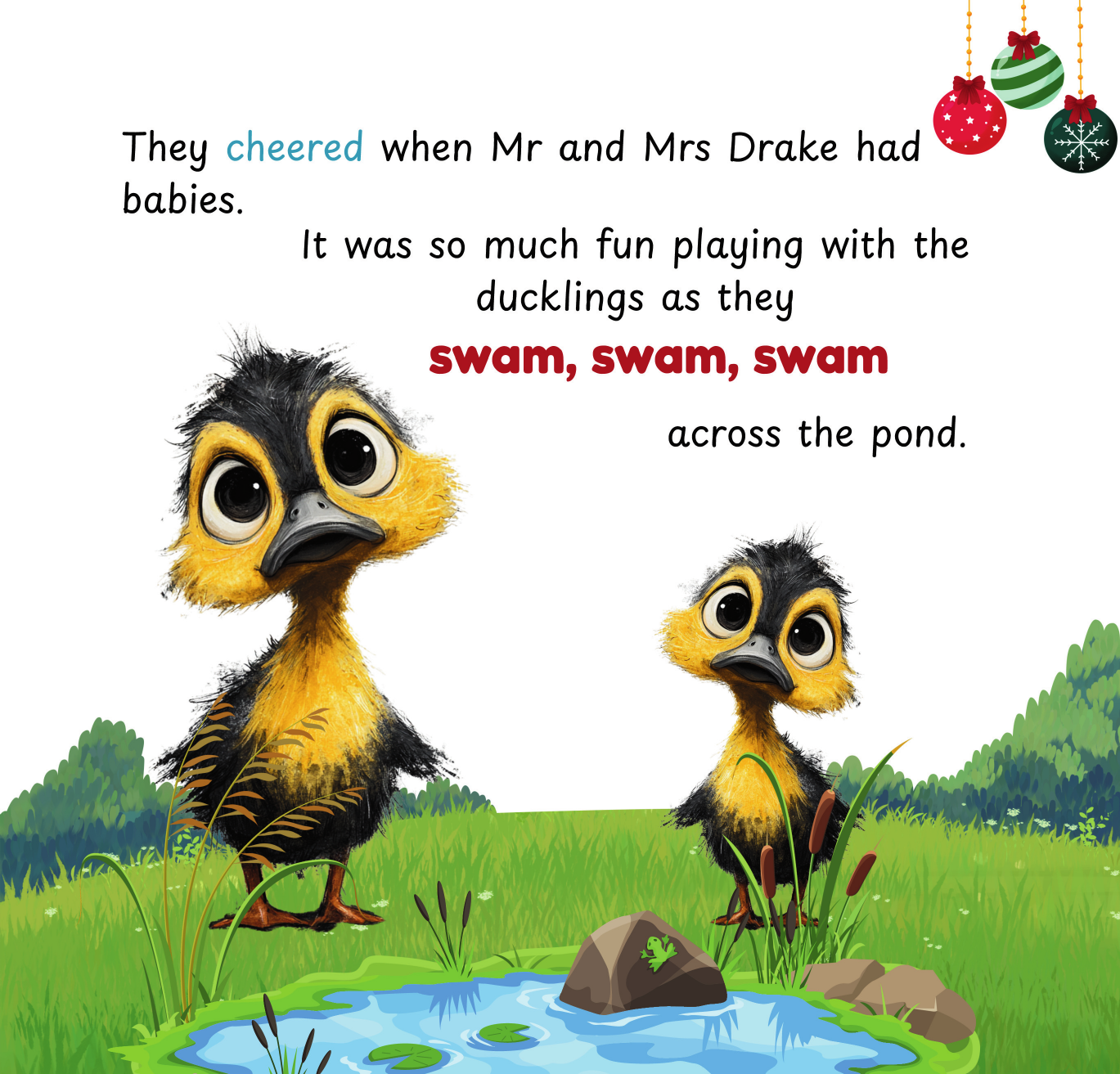 Illustration of two ducklings by a pond with Christmas ornaments in the corner.