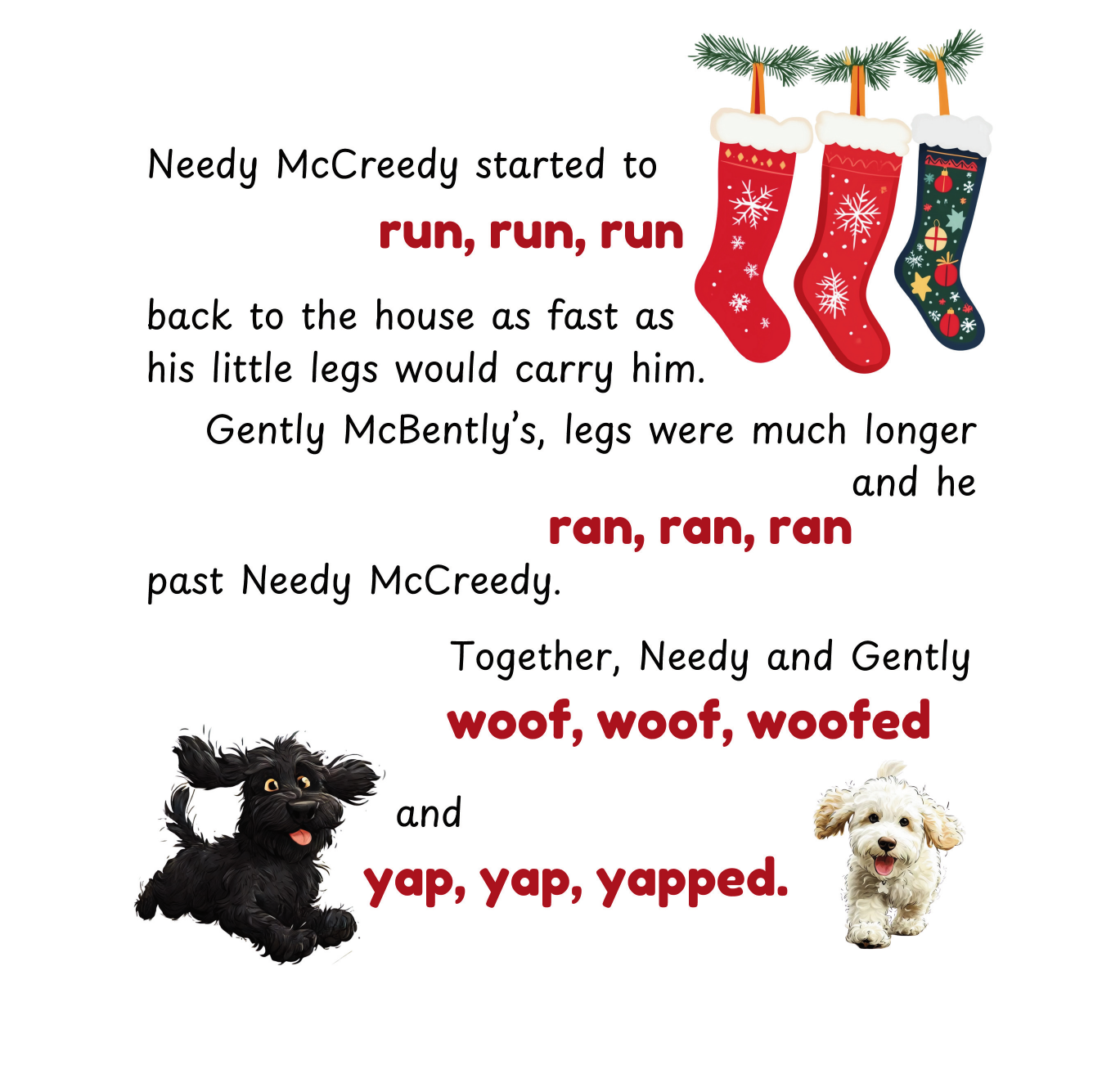 Text with Christmas stockings, dogs Needy McCreedy and Gently McBently  and festive text on a white background