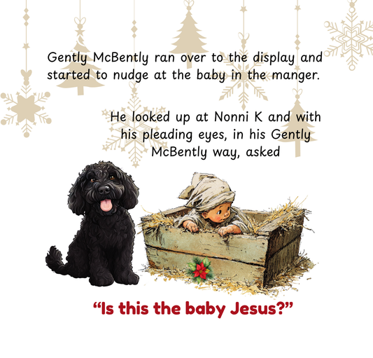 Book cover of 'Christmas at Puddle Pot Pond' with two dogs wearing Santa hats and Christmas decorations.