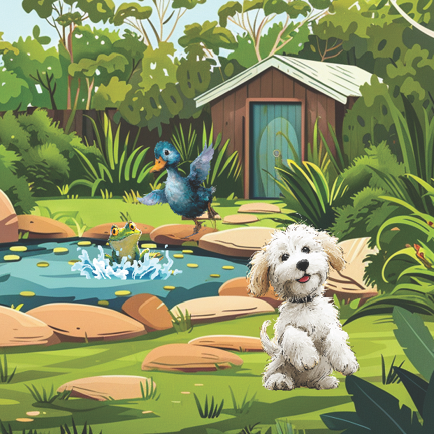 Childrens Picture book Needy McCreedy at the pond with duck and frog