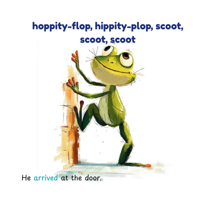 Illustration of Freddy the Frog arriving at a door with text above.