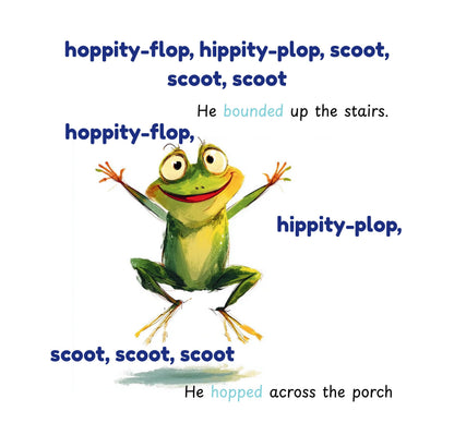 Illustration of Freddy the frog with text about hopping and scooting on a white background