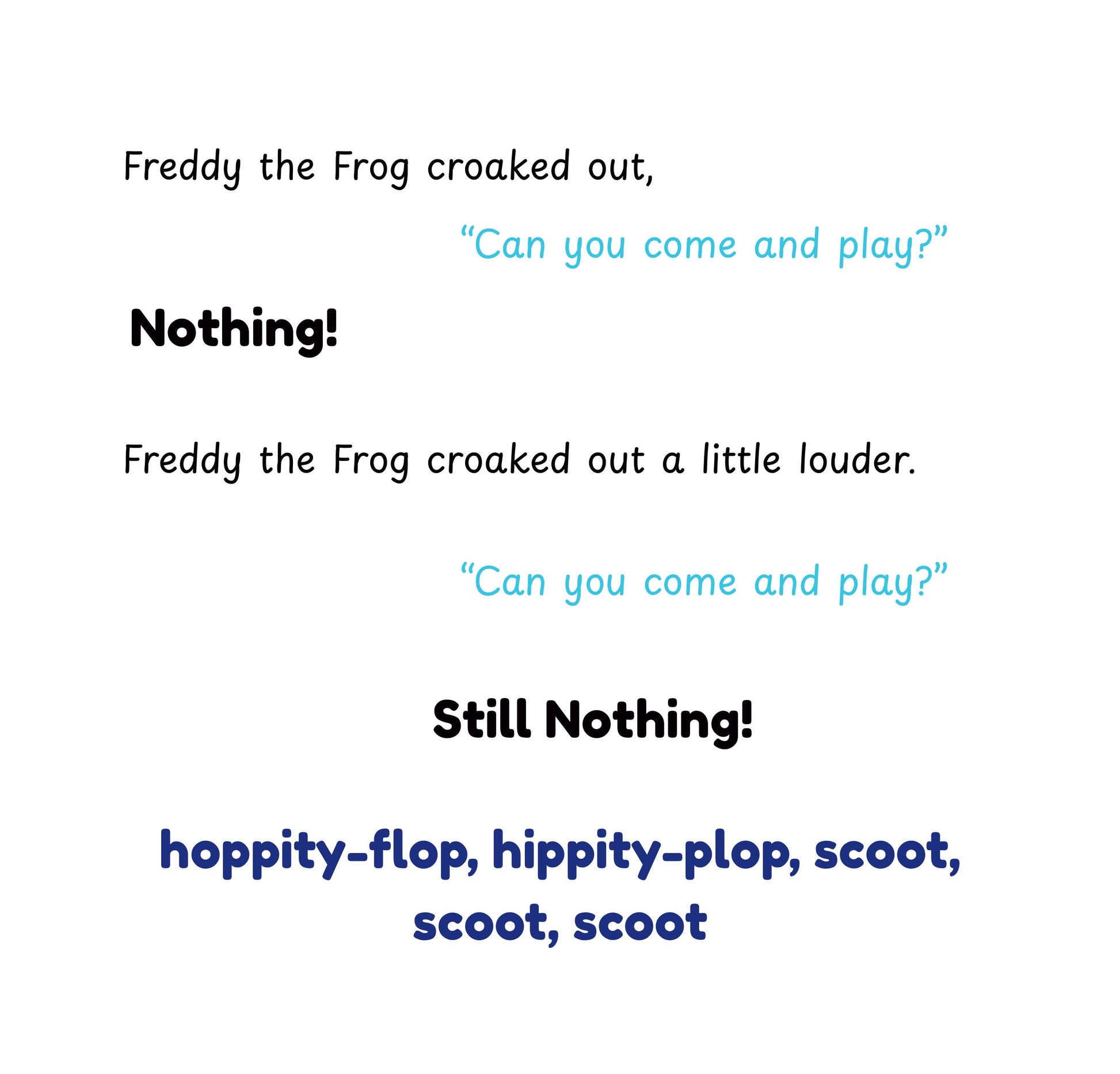 Text-based scene with dialogue from Freddy the Frog on a white background