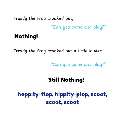 Text-based scene with dialogue from Freddy the Frog on a white background
