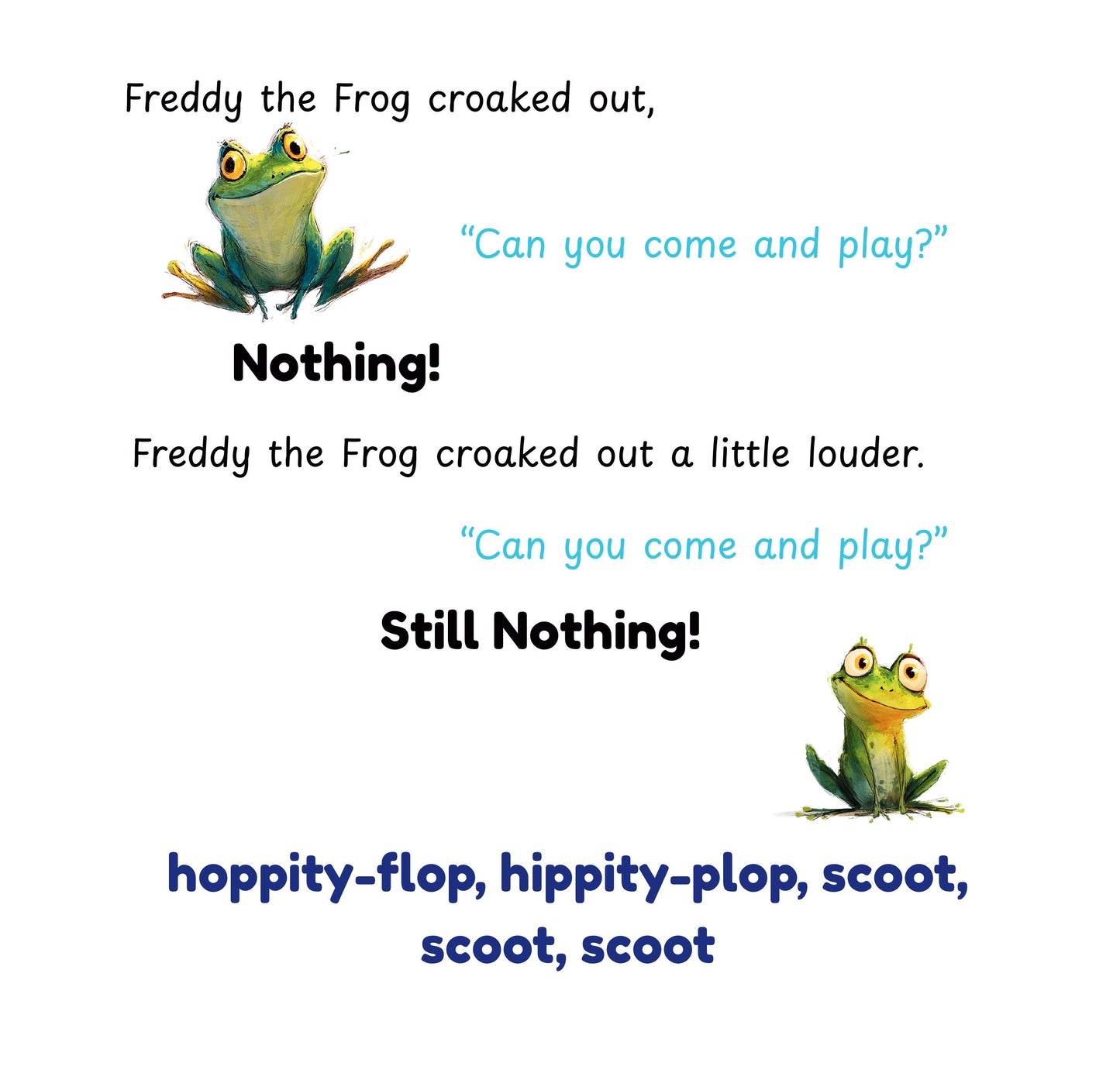 Illustration of a frog character with text about Freddy the Frog croaking out to play.