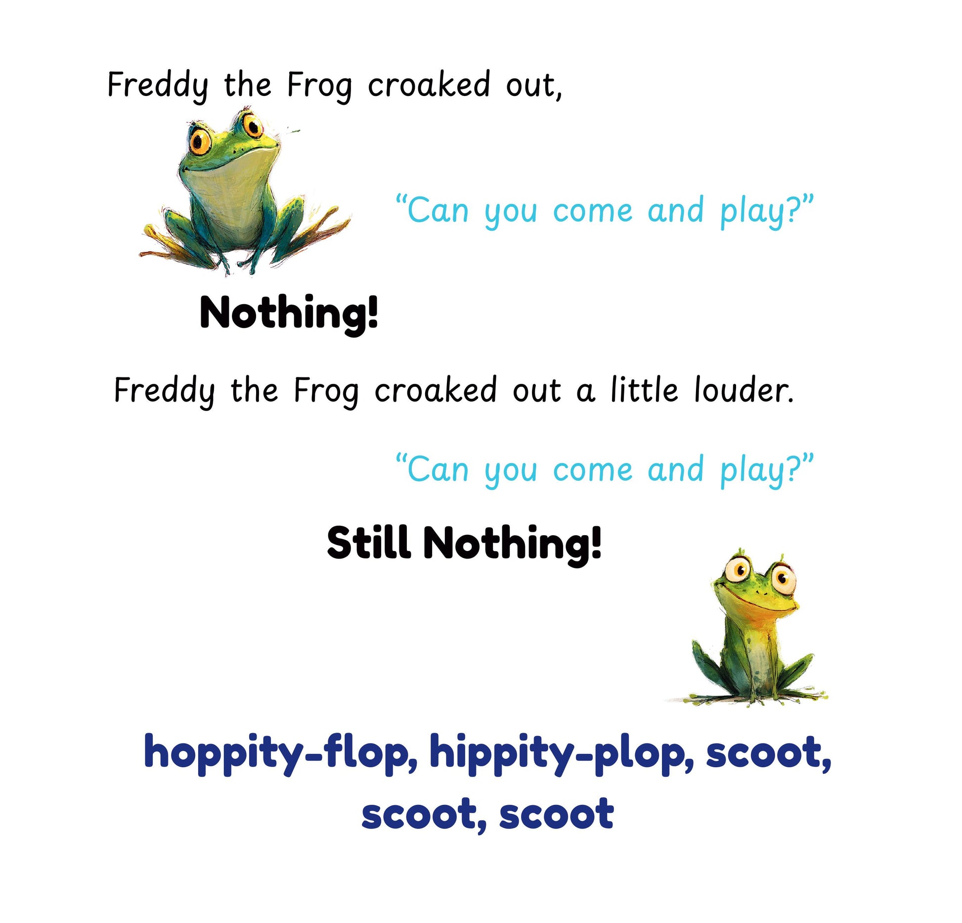 Illustration of a frog character with text about Freddy the Frog croaking out to play.