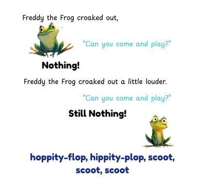 Illustration of a frog character with text about Freddy the Frog croaking out to play.
